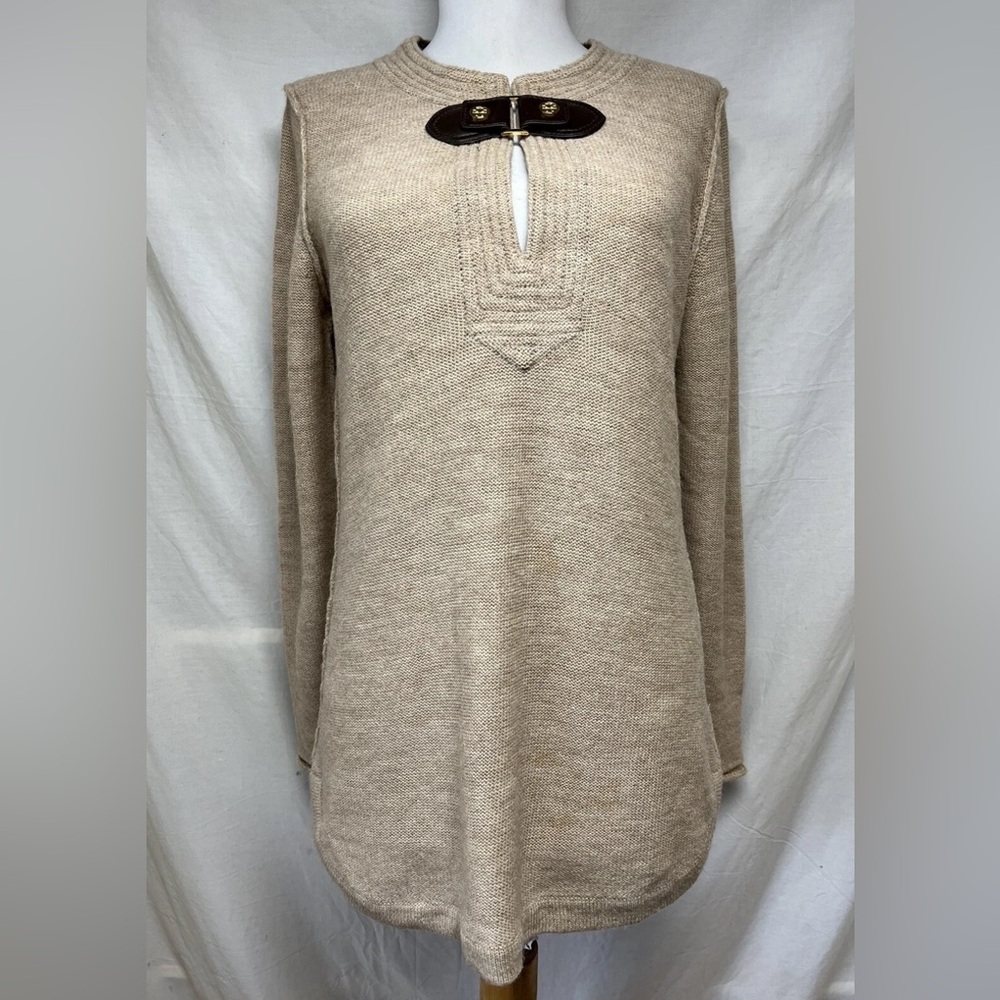 Tory Burch Wool Alpaca Leather Buckle Tunic Sweater Sz S Relaxed Fit Beige Mim